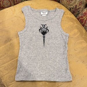 Vintage Hard Tail Forever Gray Ribbed Tank Top with Black Heart Design